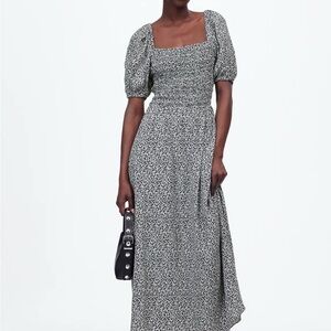 Madewell Puff-Sleeve Smocked Midi Dress in Ditsy Black & White Floral